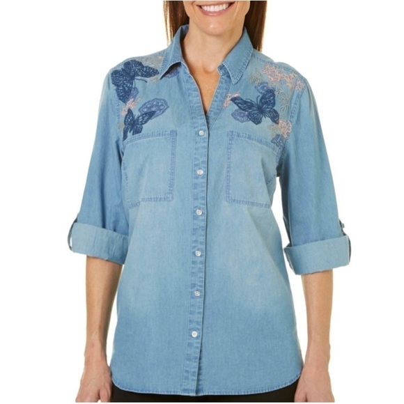 Gloria Vanderbilt Tops - GLORIA VANDERBILT Chambray Shirt Butterfly Medley Embroidered Blue Women Size L